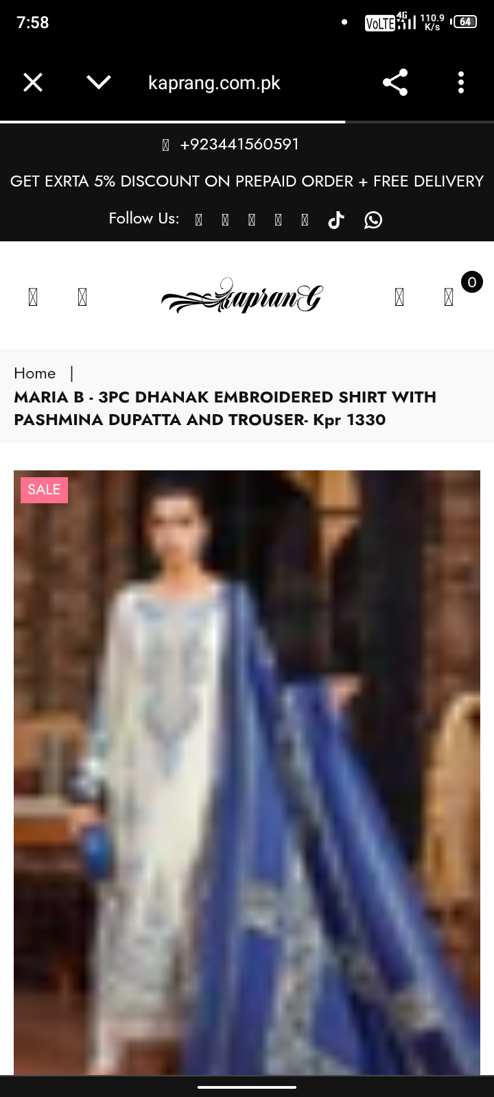 MARIA B - 3PC DHANAK EMBROIDERED SHIRT WITH PASHMINA DUPATTA AND TROUSER- Kpr 1330