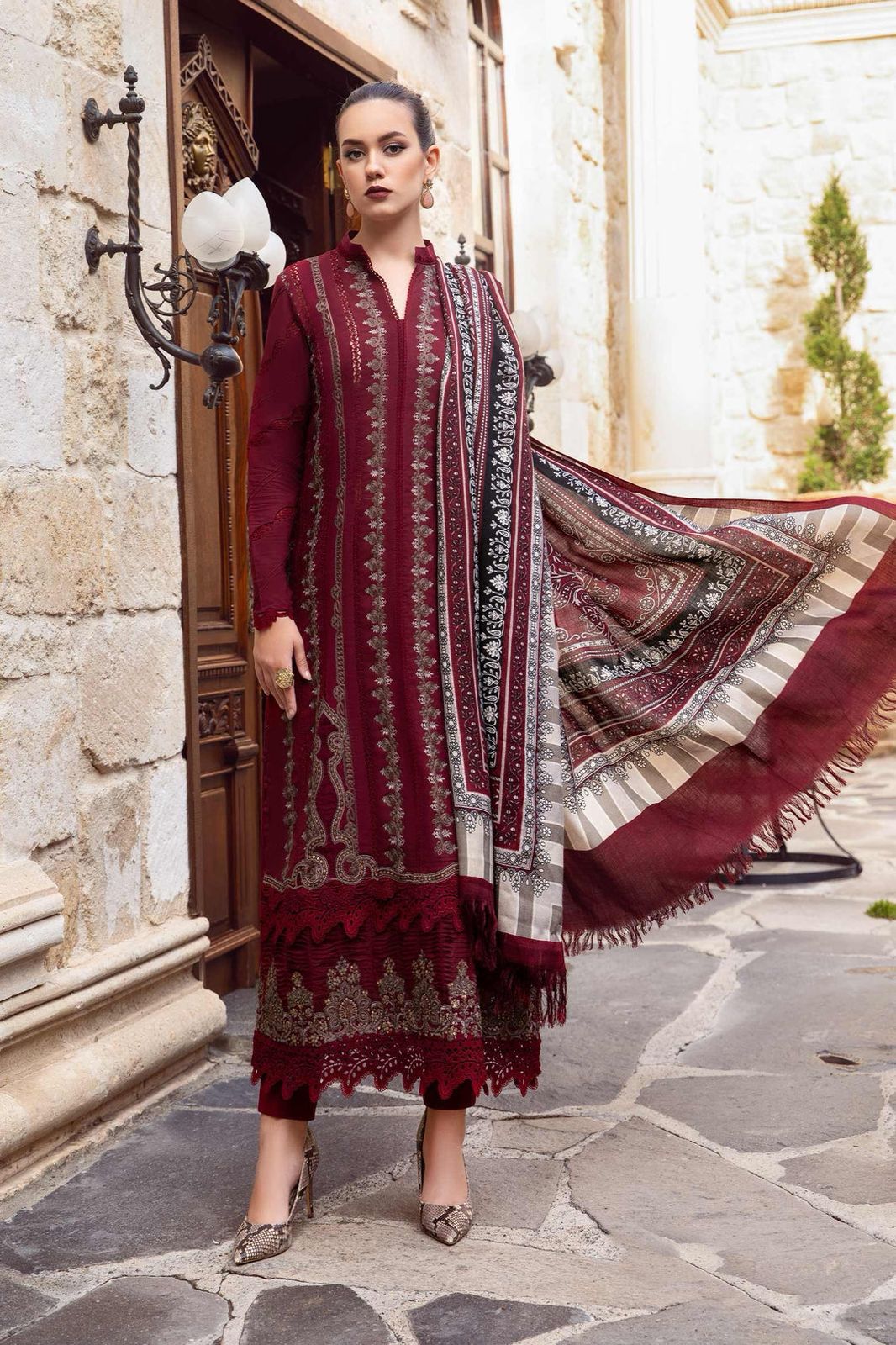 Fully Embroidered Dress With Digital Printed Wool Shawl & Patches