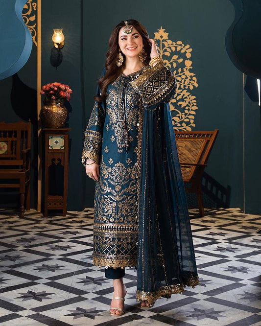 1 / of 6  Embroidered Chiffon 3 Piece Unstitched Suit AJ-Party Wear