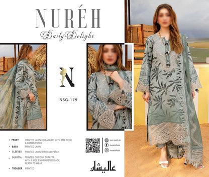 Nureh Lawn Embroidered & Printed 3 Piece Dress