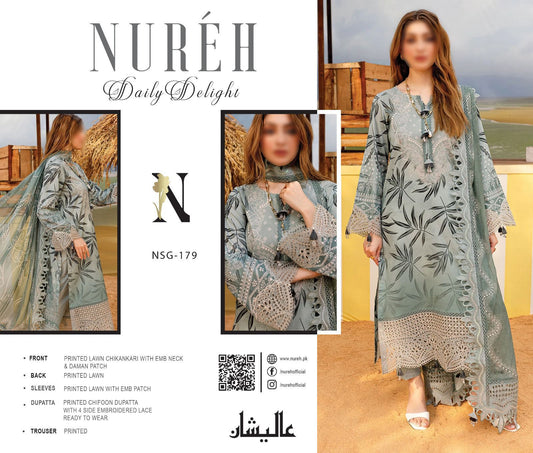 Nureh Lawn Embroidered & Printed 3 Piece Dress