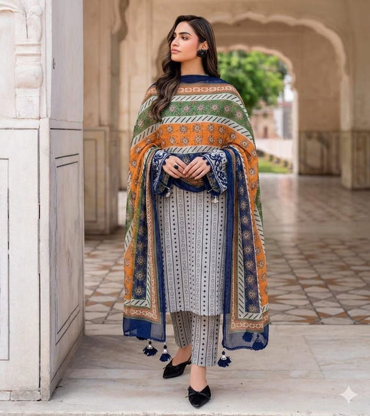 3 PC PRINTED LAWN SUIT MB 129