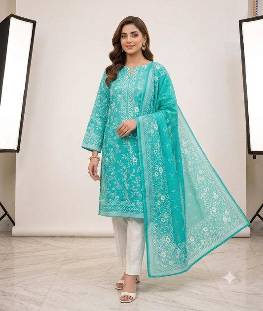 3 PC PRINTED LAWN SUIT MB 122