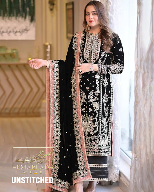 Aneela's Luxury Handwork Embroidered Black Chiffon Wedding Wear Dress