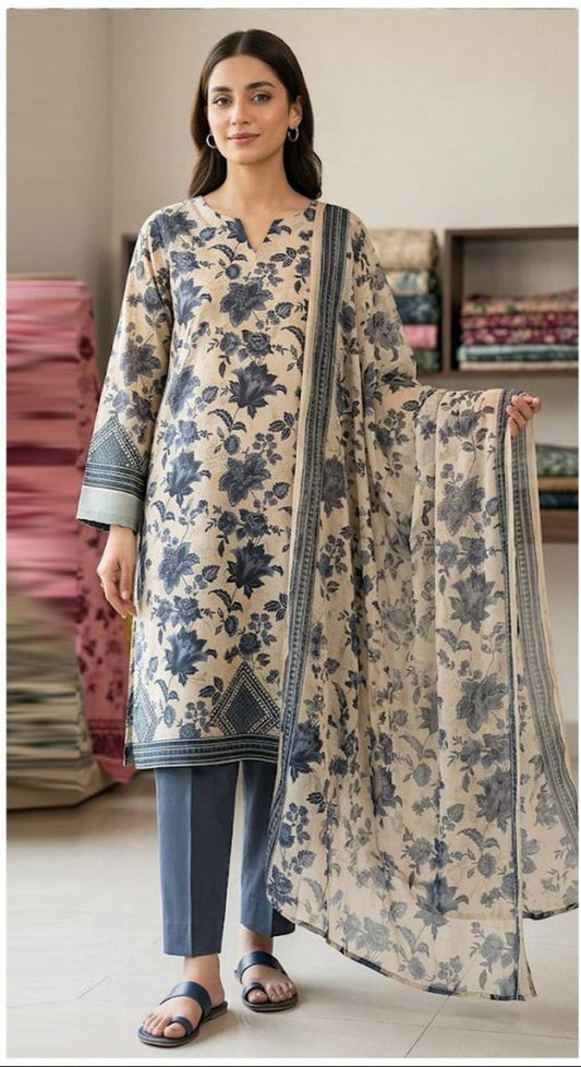 3 PC PRINTED LAWN SUIT MB 132